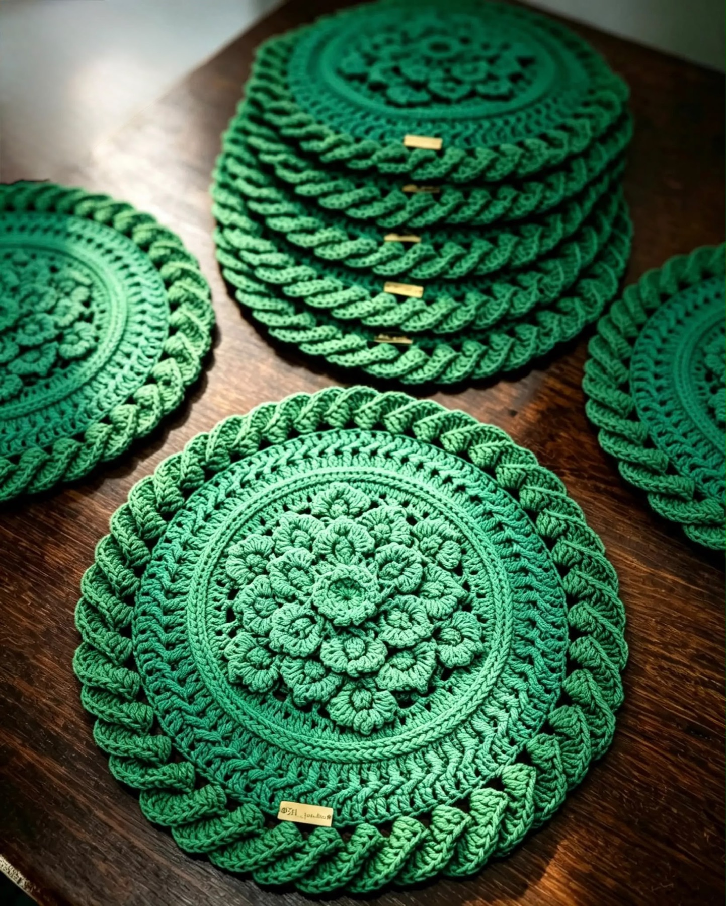 Jogo de sousplats de crochê verde-esmeralda sobre mesa de madeira